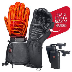 Black heated gloves by Gerbing, one revealing glowing red heating elements, the other solid black, with two power packs.