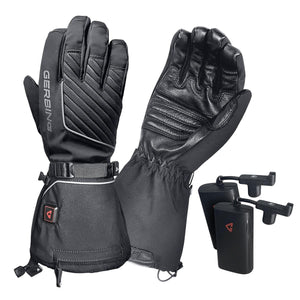 Black heated gloves by Gerbing, showing the back and palm with quilted panels, reflective trim, and two battery packs.