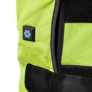 Lime green High-Vis Cooling Vest by Gobi Heat with a black snowflake button and black reinforced patches.