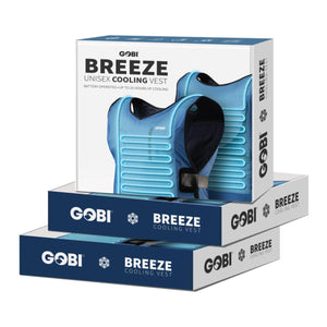Blue and light blue Unisex Cooling Vest by Gobi Heat with visible internal cooling tubes, displayed in stacked white boxes.