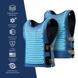 Two blue cooling vests by Gobi Heat, showing visible water-cooled circulation tubes and product feature list.