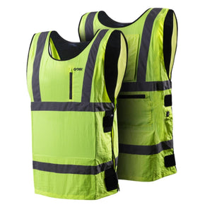 Pair of neon yellow high-visibility cooling vests by Gobi Heat with grey reflective stripes, front zippers, and adjustable sides.