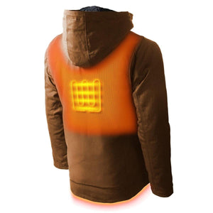 Brown hooded men's heated workwear jacket by Gobi Heat, back view showing glowing orange heat elements with grid pattern.