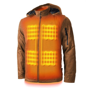 Brown Men's 5 Zone Heated Workwear Jacket by Gobi Heat with glowing orange heating elements, a grid pattern, and a hood.