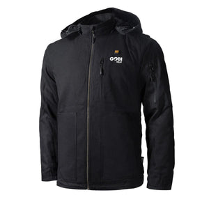 Black Men's 5 Zone Heated Workwear Jacket by Gobi Heat with chest logo, heating indicator, zippered pockets, and lower patch pockets.
