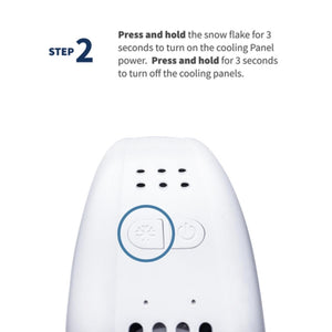 White neck cooling fan by Gobi Heat with a highlighted snowflake button and 'STEP 2' cooling panel instructions.