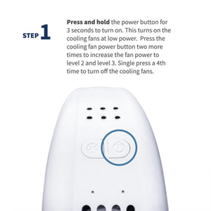 White Neck Cooling Fan by Gobi Heat, showing a power button and operating instructions.