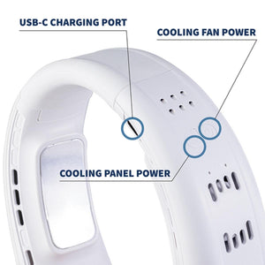 White neck cooling fan by Gobi Heat with labeled USB-C charging port, cooling fan power, and cooling panel power buttons.