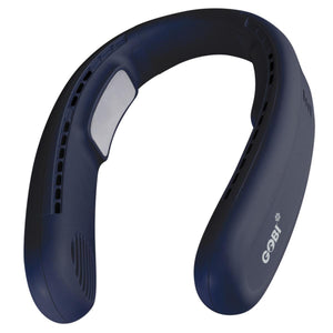 Dark blue neck cooling fan by Gobi Heat, U-shaped with vents and a silver inner panel, showing a 'GOBI®' logo.