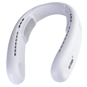 White U-shaped neck cooling fan by Gobi Heat with side vents and a smooth finish.