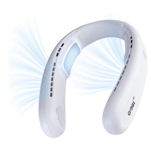 White U-shaped neck cooling fan by Gobi Heat, with GOBI logo, multiple air vents, glowing blue panel, and blue airflow.