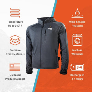 Dark gray men's full-zip heated tech jacket by Gobi Heat with a high collar and zippered chest pocket, front view.