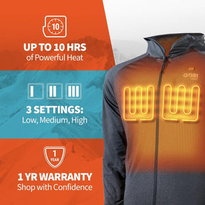 Dark grey Men's Apex Heated Tech Hoodie Jacket by Gobi Heat with glowing chest heating elements and promotional text.