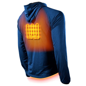 Navy blue men's heated tech hoodie jacket by Gobi Heat, with an orange glowing heating element visible on the upper back.