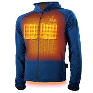 Blue men's heated tech jacket by Gobi Heat, showing glowing orange heating coils and a grid pattern on the chest.