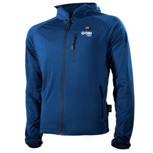 Blue men's heated tech hoodie jacket by Gobi Heat, featuring a full zip, zippered chest pocket, and brand logo.