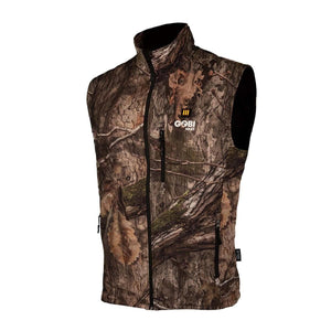 Men's heated hunting vest in tree bark camouflage by Gobi Heat, with a full zip and standing collar.