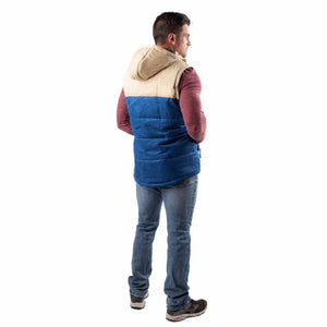 Two-tone beige and blue hooded heated vest by Gobi Heat, worn by a man from the back.