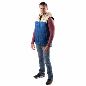 Two-tone blue and beige hooded heated vest by Gobi Heat, worn by a man over a maroon long-sleeve shirt and jeans.