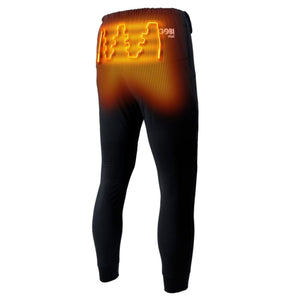 Black Men's FlexCore Heated Base Layer Pant by Gobi Heat, with glowing orange heat zones, a grid pattern, and logo on the lower back.