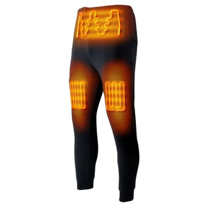 Black heated men's base layer pant with dual control by Gobi Heat, showing glowing orange heating elements on thighs and lower back.