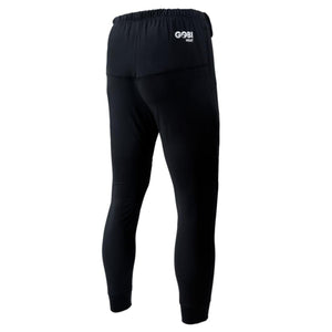 Black men's heated base layer pants by Gobi Heat, with white Gobi Heat logo on the back and elastic waistband, shown from a back view.