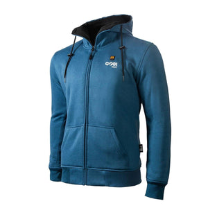 Men's blue full-zip heated hoodie by Gobi Heat, featuring a black-lined drawstring hood, front pockets, and a visible chest logo.