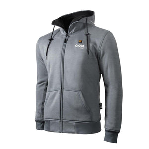Gray men's full-zip heated hoodie by Gobi Heat, featuring a chest logo, drawstring hood, and front pocket.