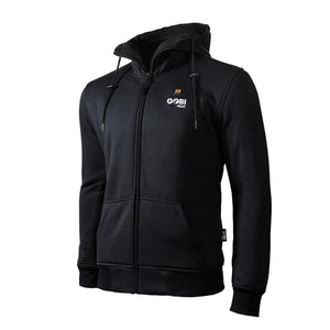 Black men's heated hoodie by Gobi Heat with a full zip, front pockets, and chest logo.