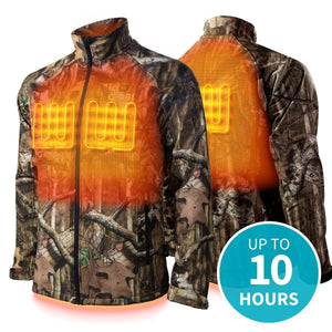 Men's heated hunting jacket by Gobi Heat in Mossy Oak camo pattern, showing glowing orange heating elements on chest and back, with a blue 'UP TO 10 HOURS' overlay.
