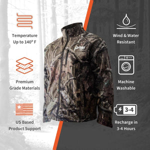 Men's heated hunting jacket in Mossy Oak camouflage by Gobi Heat, featuring a full-zip front, high collar, and chest logo.