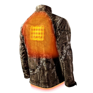 Mossy Oak Camo Men's Sahara Heated Hunting Jacket by Gobi Heat, shown from the back with glowing orange heating elements.