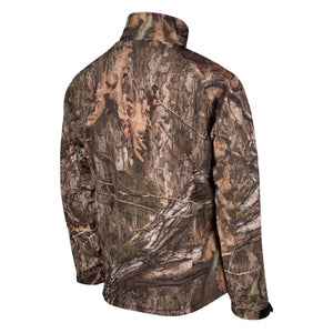 Men's Sahara Heated Hunting Jacket by Gobi Heat, featuring a Mossy Oak Camo pattern, viewed from the back.