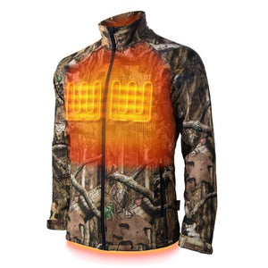 Men's Mossy Oak Camo Sahara Heated Hunting Jacket by Gobi Heat, with glowing orange heating elements visible on the chest and torso.