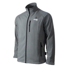 Grey heated jacket by Gobi Heat with a full-zip front, zippered chest pocket, and stand-up collar.