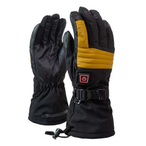 Black and gold heated ski gloves by Gobi Heat, featuring ribbed leather accents, a red power button, and adjustable cuffs.