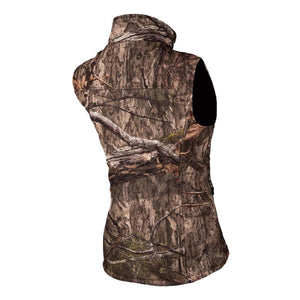 Women's camouflage heated hunting vest by Gobi Heat with a realistic tree bark pattern, shown from the back.
