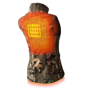 Women's camouflage heated hunting vest by Gobi Heat with visible orange heating panels on the back.