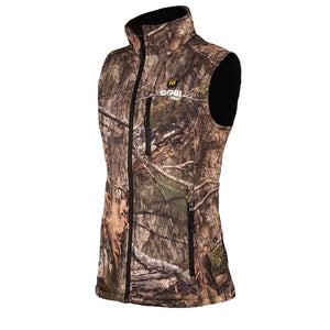 Women's Colorado Heated Hunting Vest by Gobi Heat in a forest camouflage pattern with a full-zip front and zippered pockets, angled side view.
