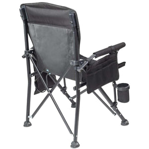 Black cooling camp chair by Gobi Heat, shown from the back with a mesh pocket and attached cup holder.