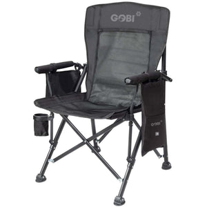Black folding camp chair by Gobi Heat, featuring mesh fabric, a cupholder, and a side storage pocket.