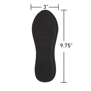 Black insole foot warmer by Grabber, with a visible grid texture, measuring 3 inches wide by 9.75 inches long, viewed from above.