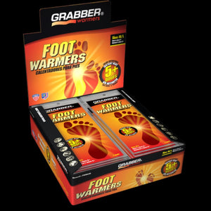 Medium/Large insole foot warmers 30-pair display case by Grabber, featuring glowing foot graphics and '5+ hours' on orange and red packaging.