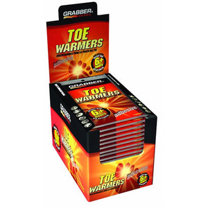 Red and orange 40-pair display box of adhesive toe warmers by Grabber, with a 6+ hours logo and glowing foot graphic.