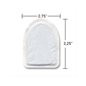 White disposable hand warmer by Grabber, rectangular with rounded corners, textured, showing dimensions 2.75 inches by 3.25 inches.