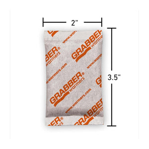 Small rectangular warmer by Grabber, light gray with repeated orange 'GRABBER Warmers' text and burlap texture, measuring 2 by 3.5 inches.