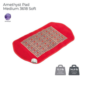 A red amethyst heating pad by HealthyLine, detailed with embedded amethyst crystals, an attached controller, and showing a raw amethyst stone with weight information.