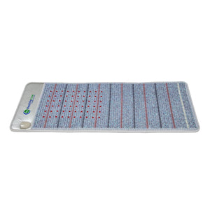 Light blue and grey PEMF InfraMat Pro by HealthyLine, featuring textured segments and red dots, viewed from above.