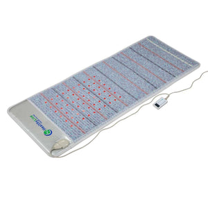 Light grey PEMF InfraMat Pro by HealthyLine with rows of glowing red lights and an attached control panel.