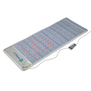 Light gray mat by HealthyLine with a subtle grid pattern, rows of embedded red lights, and a connected remote controller.
